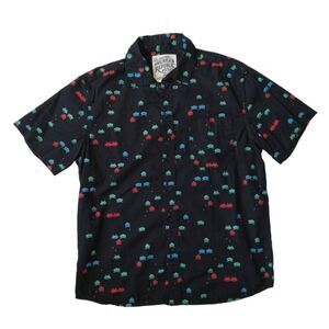 American Republic Black Space Invaders Pattern Button Front Shirt Men's Large